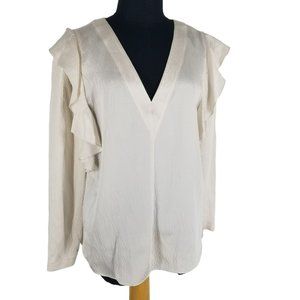 Rebecca Taylor Silk Long Sleeve V Neck Ruffle Blouse FLAWS Pink Cream